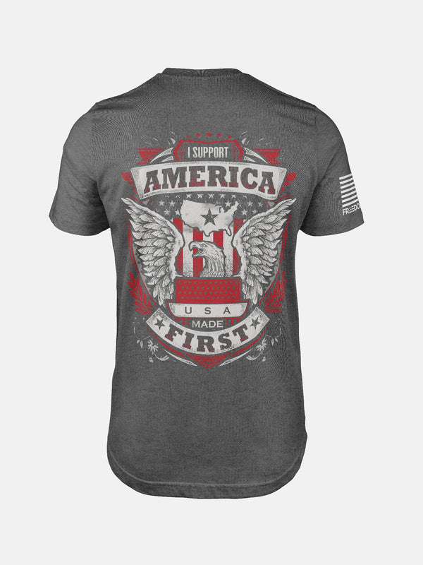 Deep Heather t-shirt with an eagle graphic and text on a patriotic shirt by FreedomBuilt