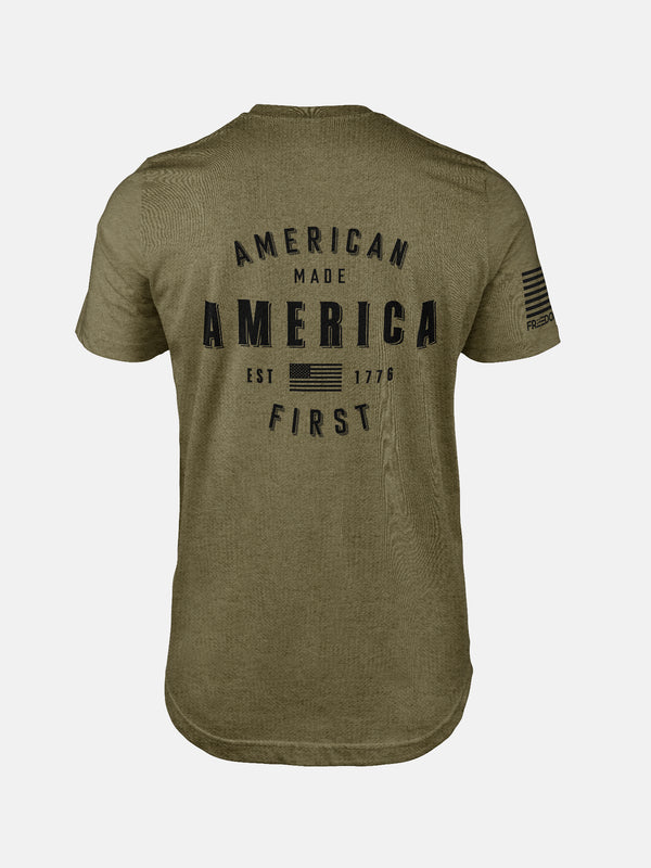 Heather Olive t-shirt with 'American Made America First' text on a design by FreedomBuilt