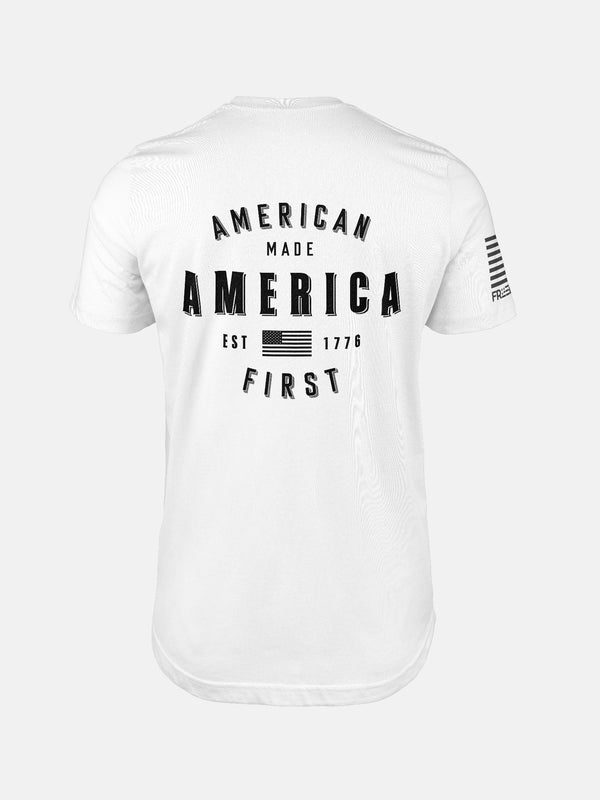 White t-shirt with 'American Made America First' text on a design by FreedomBuilt