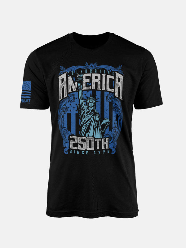 Black t-shirt with blue and gray graphic design featuring the Statue of Liberty and text on a patriotic shirt by FreedomBuilt