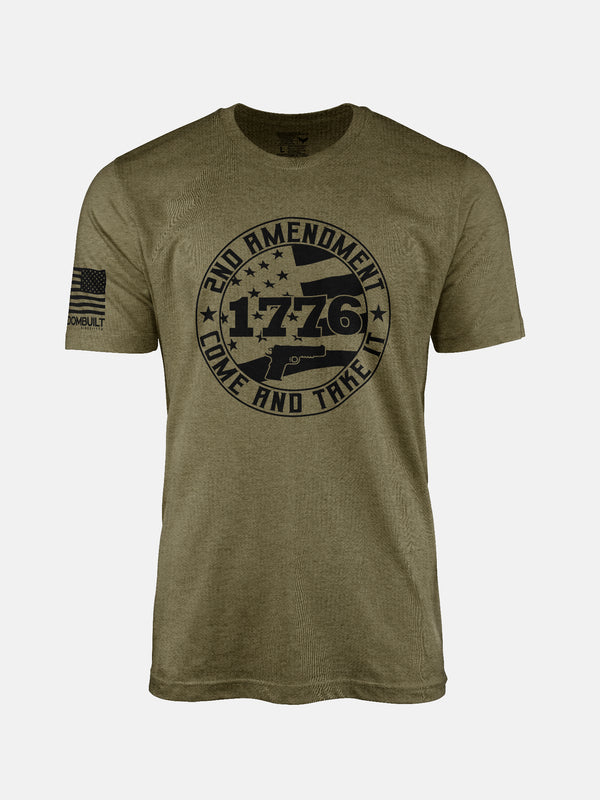 Heather Olive t-shirt with 2nd amendment text and 1776 design on patriotic shirt by FreedomBuilt