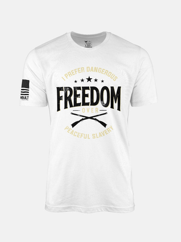 White t-shirt with freedom over slavery graphic design on a patriotic shirt by FreedomBuilt