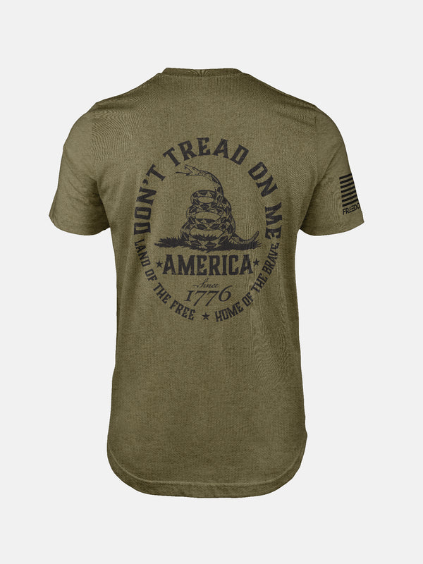 Olive t-shirt with 'Don't Tread on Me' graphic and text on a patriotic shirt by FreedomBuilt