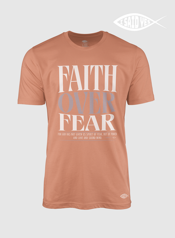 Sunset t-shirt with 'Faith Over Fear' text on a FreedomBuilt faith based Christian t-shirt