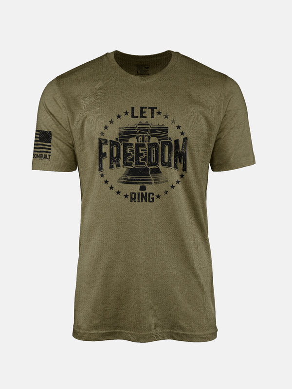 Olive t-shirt with 'Let Freedom Ring' graphic on a patriotic shirt by FreedomBuilt Since 1776