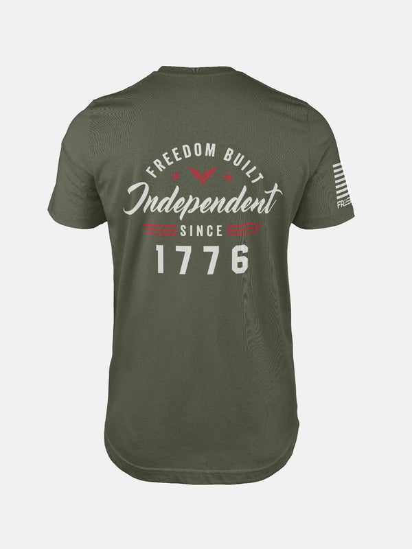 Military t-shirt with 'Freedom Built Independent Since 1776' text on a patriotic shirt by FreedomBuilt