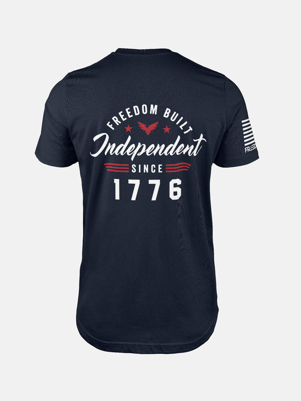 Navy t-shirt with 'Freedom Built Independent Since 1776' text on a patriotic shirt by FreedomBuilt