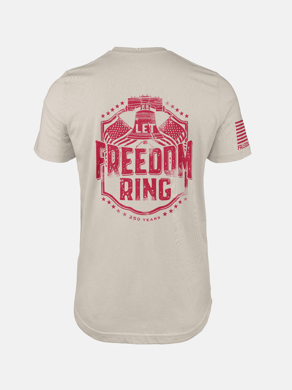 Sand t-shirt with blue graphic and text 'Let Freedom Ring' on a design by FreedomBuilt Since 1776