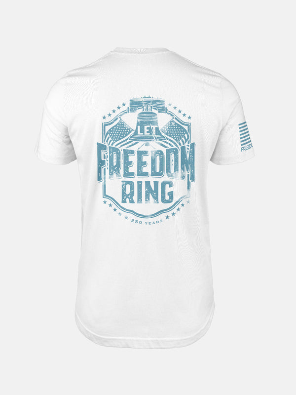 White t-shirt with blue graphic and text 'Let Freedom Ring' on a design by FreedomBuilt Since 1776