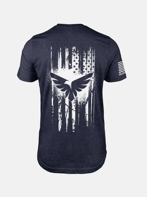 Heather navy Freedom Flag t-shirt with text on the back on a patriotic shirt by FreedomBuilt