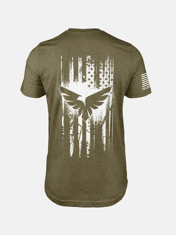 Heather Olive Freedom Flag t-shirt with text on the back on a patriotic shirt by FreedomBuilt