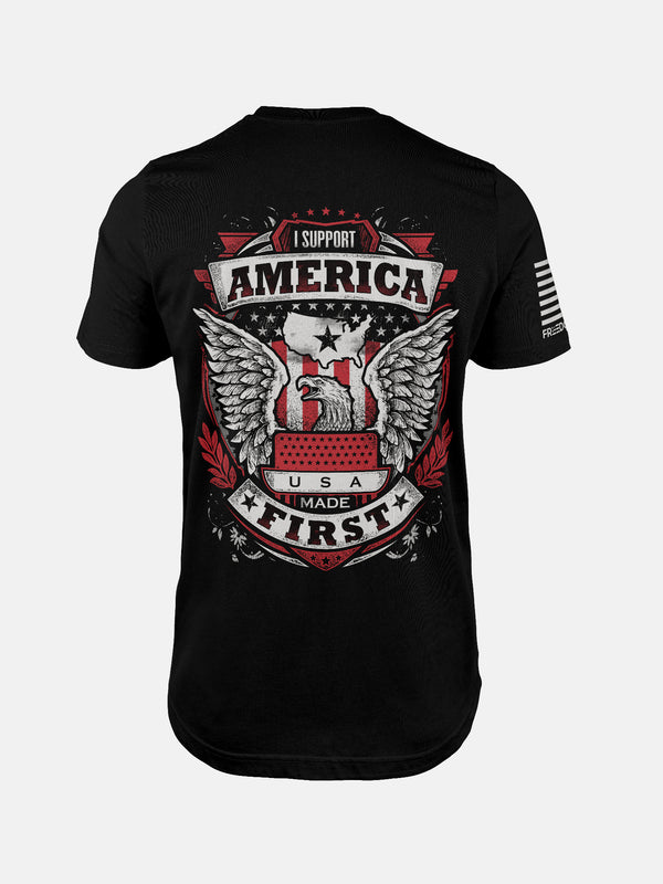Black t-shirt with an eagle graphic and text on a patriotic shirt by FreedomBuilt