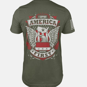 Military Green t-shirt with an eagle graphic and text on a patriotic shirt by FreedomBuilt