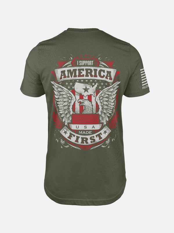 Military Green t-shirt with an eagle graphic and text on a patriotic shirt by FreedomBuilt