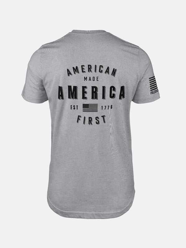 Athletic Heather t-shirt with 'American Made America First' text on a design by FreedomBuilt