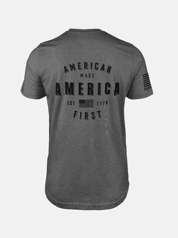 Deep Heather t-shirt with 'American Made America First' text on a design by FreedomBuilt