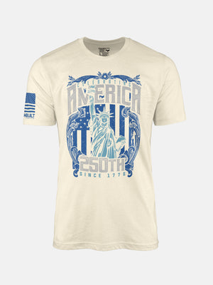 Natural t-shirt with blue and gray graphic design featuring the Statue of Liberty and text on a patriotic shirt by FreedomBuilt