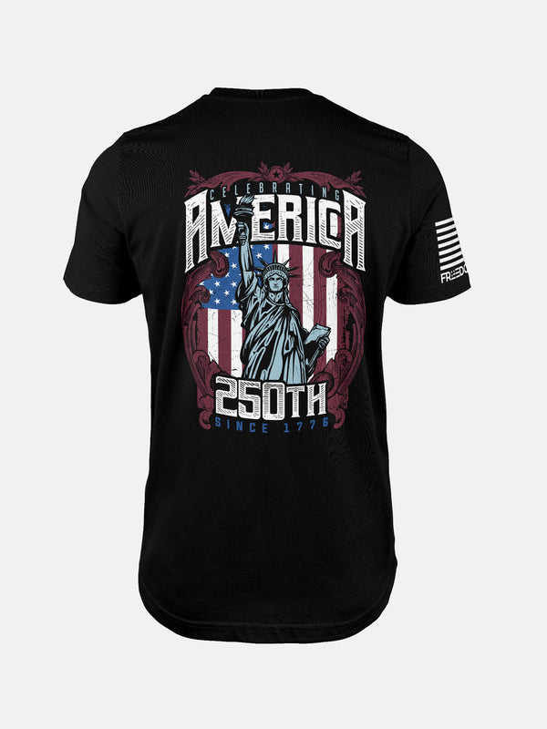 Black t-shirt with 'Celebrating America 250th' design featuring the Statue of Liberty and American flag on a patriotic shirt by FreedomBuilt