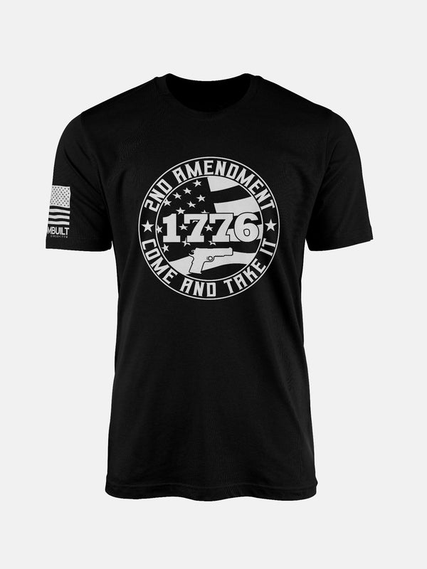 Black t-shirt with 2nd amendment text and 1776 design on patriotic shirt by FreedomBuilt
