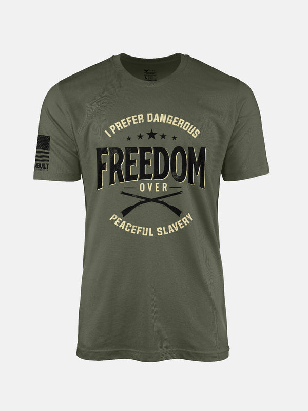 Military Green  t-shirt with freedom over slavery graphic design on a patriotic shirt by FreedomBuilt