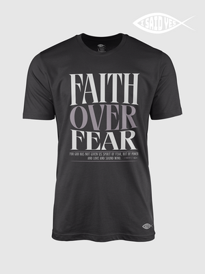 Dark Grey t-shirt with 'Faith Over Fear' text on a FreedomBuilt faith based Christian t-shirt