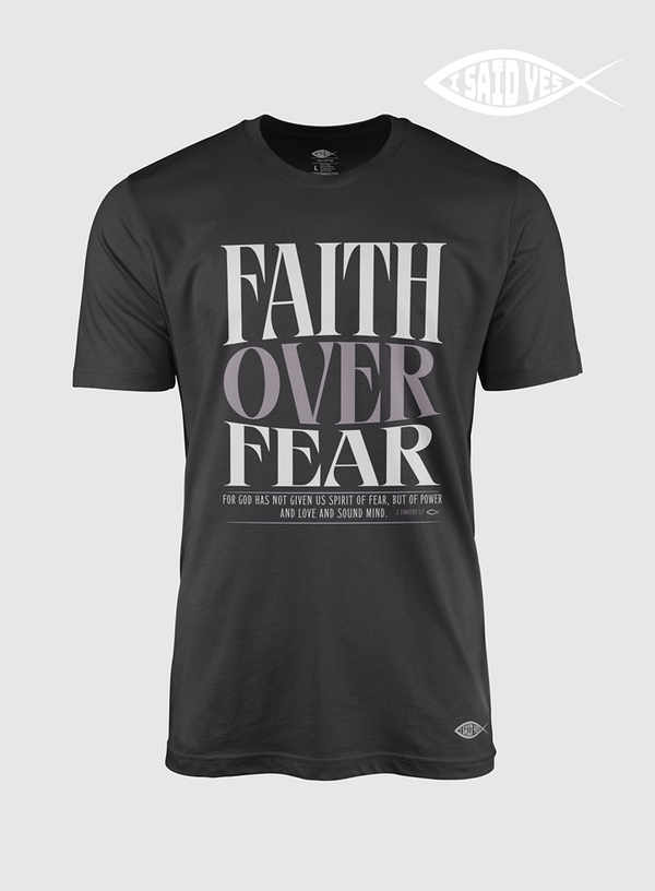 Dark Grey t-shirt with 'Faith Over Fear' text on a FreedomBuilt faith based Christian t-shirt