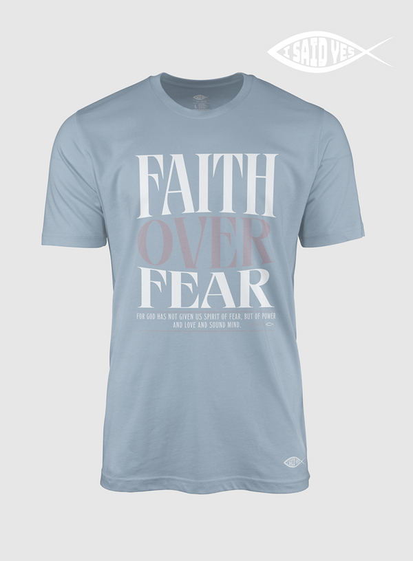 Stonewashed Denim t-shirt with 'Faith Over Fear' text on a FreedomBuilt faith based Christian t-shirt