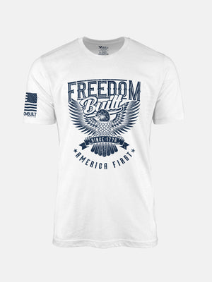 White t-shirt with blue graphic design featuring an eagle and text on a patriotic shirt by FreedomBuilt