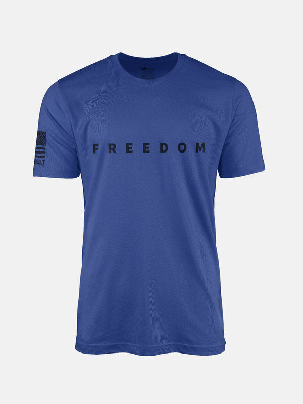 True Royal t-shirt with 'FREEDOM' text and small flag on a patriotic shirt by FreedomBuilt