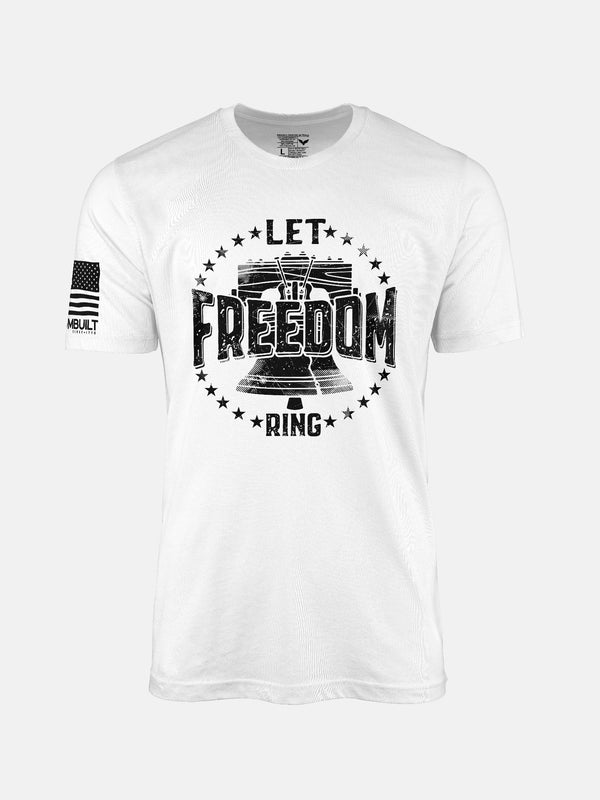 White t-shirt with 'Let Freedom Ring' graphic on a patriotic shirt by FreedomBuilt Since 1776
