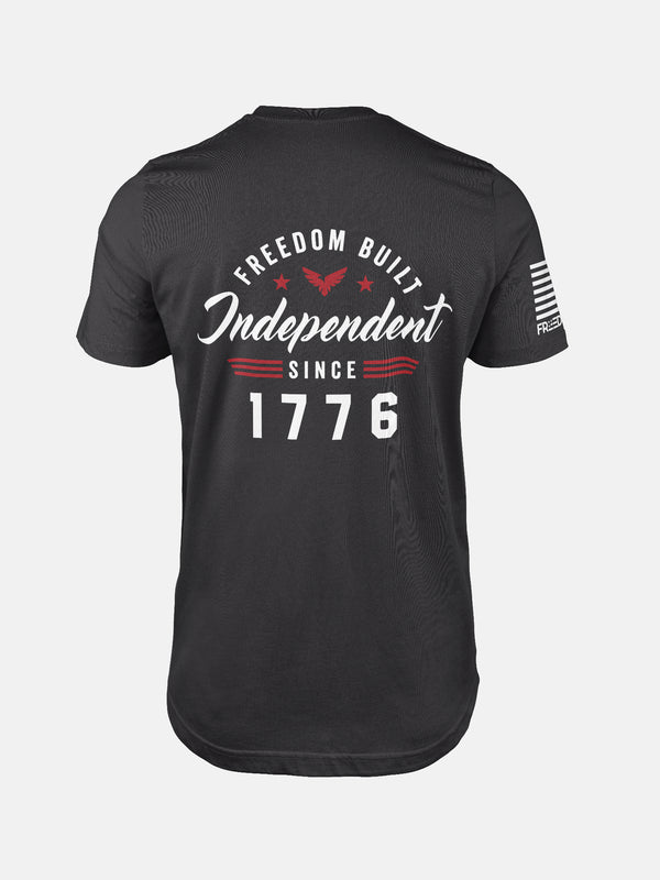 Dark Grey t-shirt with 'Freedom Built Independent Since 1776' text on a patriotic shirt by FreedomBuilt