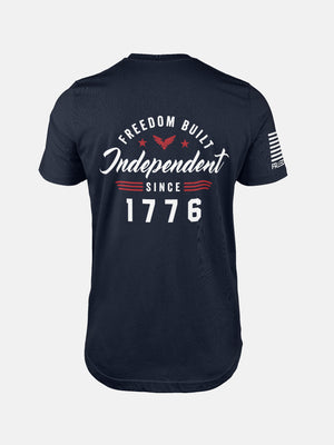 Navy t-shirt with 'Freedom Built Independent Since 1776' text on a patriotic shirt by FreedomBuilt