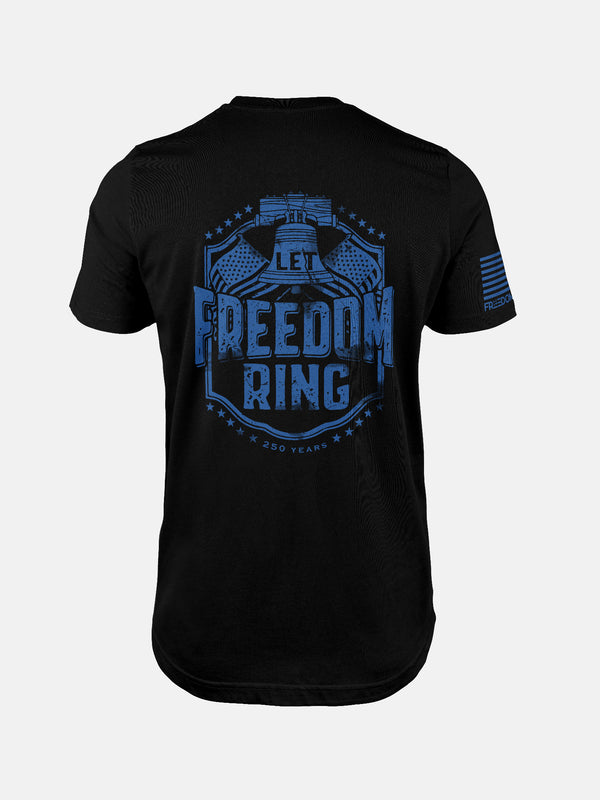 Black t-shirt with blue graphic and text 'Let Freedom Ring' on a design by FreedomBuilt Since 1776