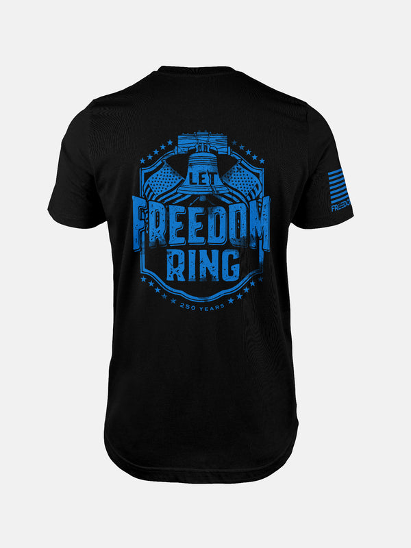 Black t-shirt with blue graphic and text 'Let Freedom Ring' on a design by FreedomBuilt Since 1776