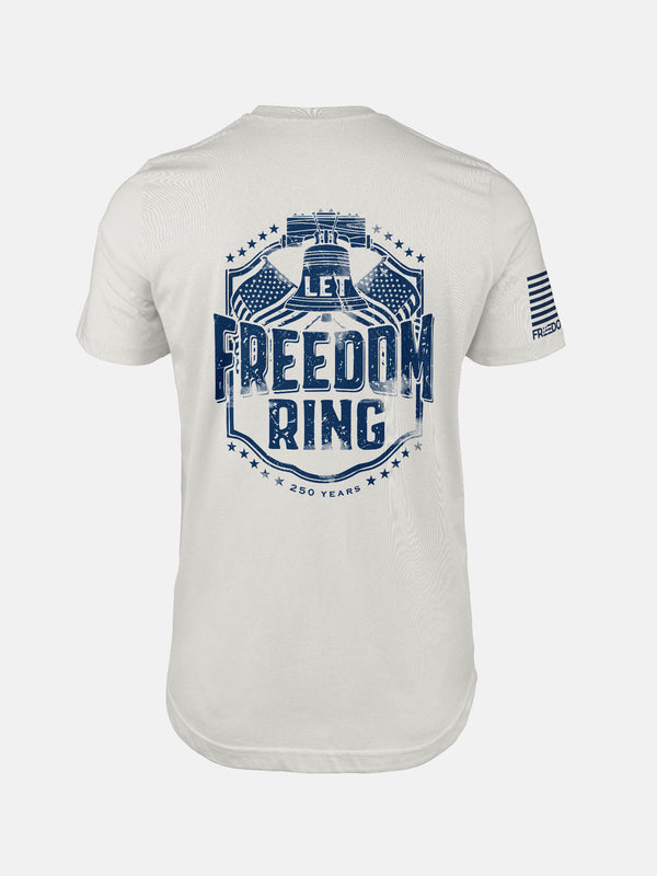 Vintage white t-shirt with blue graphic and text 'Let Freedom Ring' on a design by FreedomBuilt Since 1776