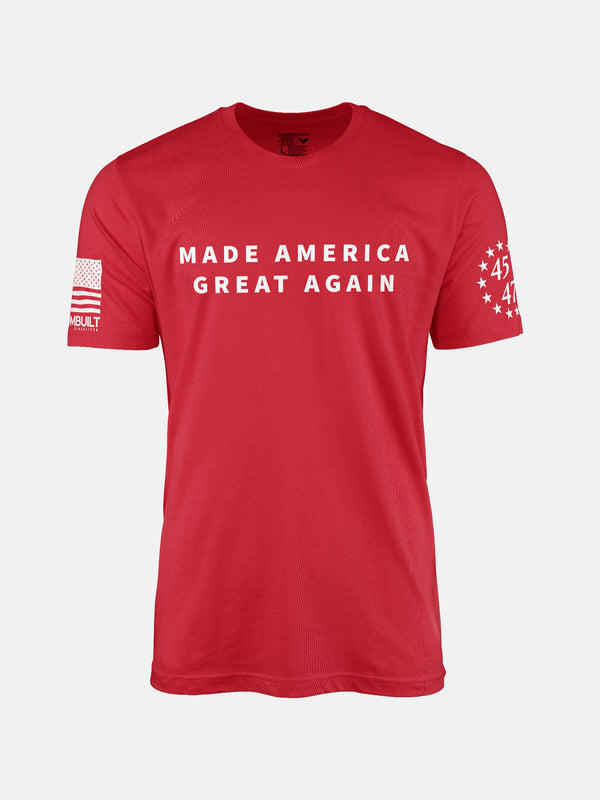 Red t-shirt with 'Made America Great Again' patriotic shirt by FreedomBuilt