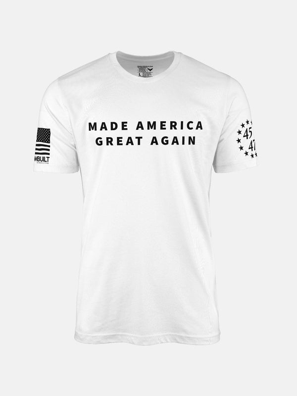 White t-shirt with 'Made America Great Again' patriotic shirt by FreedomBuilt