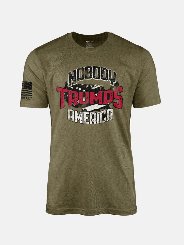 Olive t-shirt with 'Nobody Trumps America' text and flag design on patriotic shirt by FreedomBuilt