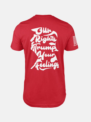 Red t-shirt with white text on the back on a patriotic shirt by FreedomBuilt