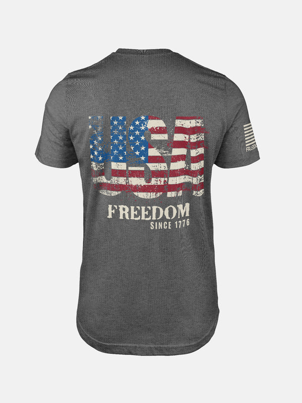 Deep Heather t-shirt with 'USA Freedom' text and American flag design on a patriotic shirt by FreedomBuilt