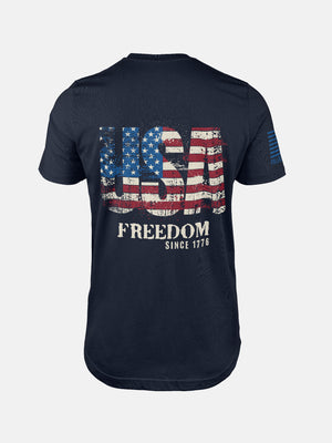Navy t-shirt with 'USA Freedom' text and American flag design on a patriotic shirt by FreedomBuilt