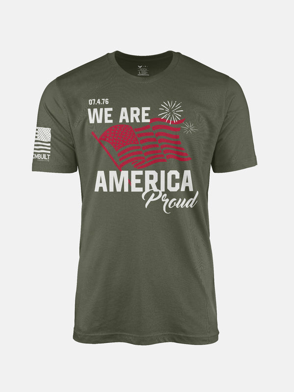 Military  t-shirt with 'We Are America Proud' text and American flag design on a patriotic shirt by FreedomBuilt