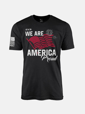 Black t-shirt with 'We Are America Proud' text and American flag design on a patriotic shirt by FreedomBuilt