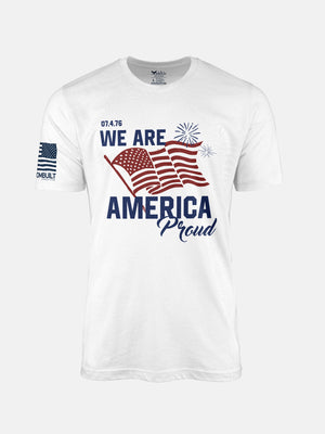 Whitet-shirt with 'We Are America Proud' text and American flag design on a patriotic shirt by FreedomBuilt
